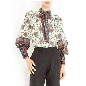 Ulla Johnson NWT Antoine silk floral roses button cuff blouse bow tie size 4